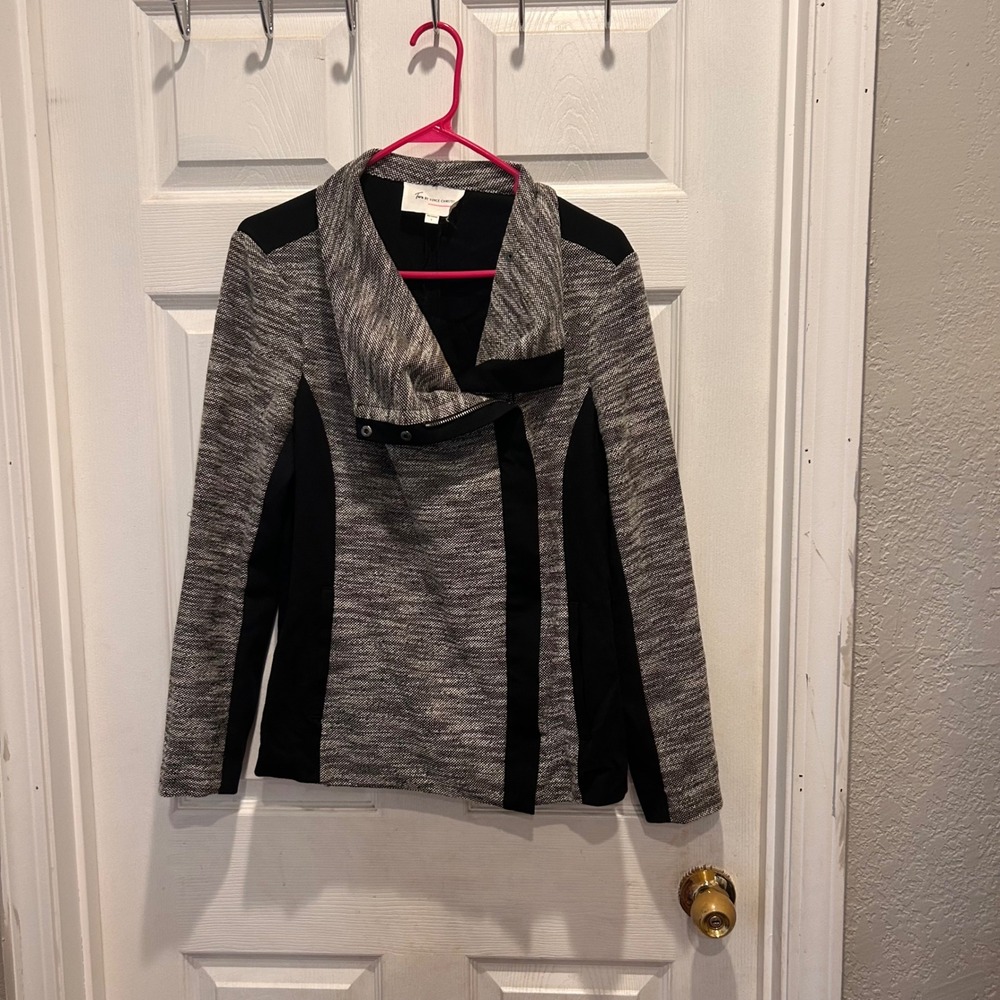 Two by Vince Camuto Womens Jacket Gray Black Asymmetric Snap Moto Tweed Size L